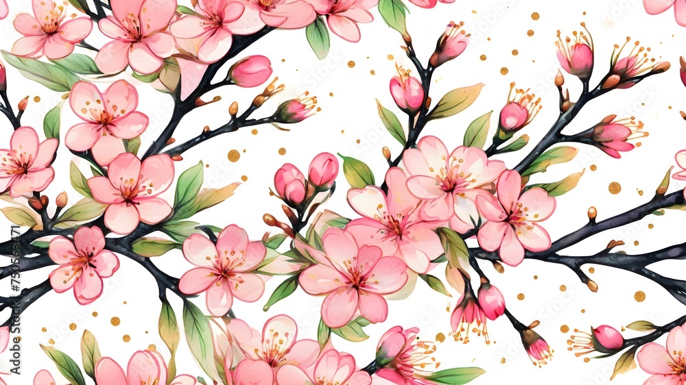 Watercolor sakura pattern. Seamless natural texture with blossom cherry tree branches. Hand drawn japanese flowers on white background