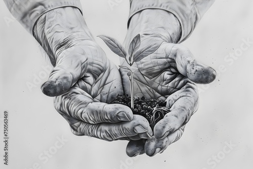 Old Mans Hands Holding a Plant in the Style of Realistic Hyper-Detailed Portraits