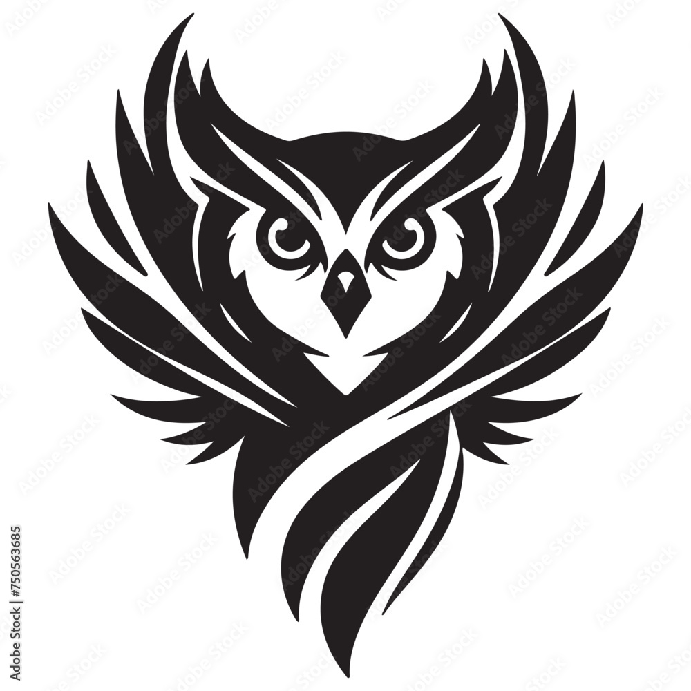 owl with wings black and white logo vector illustration