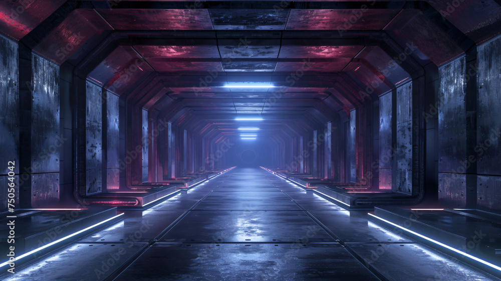 Empty stage in the dark technology tunnel 3d rendering