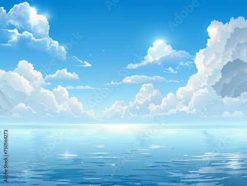 Sky blue  cloud background  horizon of a clear spring morning by the beach. Vector illustration of a beautiful landscape depicting nature s sunrise in summer  creating a panoramic banner with white