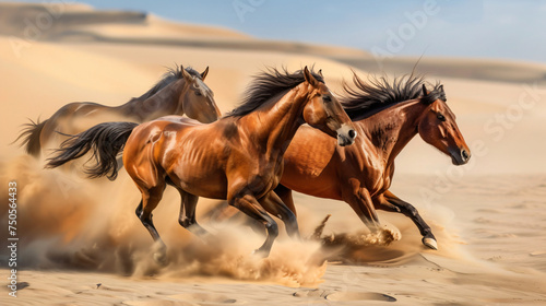 Energetic image of horses running in the desert the