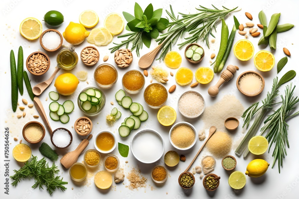 Homemade skin care with natural ingredients aloe vera, lemon, cucumber, himalayan salt, peppermint, rosemary, almonds, cucumber, ginger and honey pollen isolated on white background. - obrazy, fototapety, plakaty 