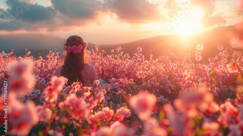 hills rolling under the gentle spring sunshine, adorned with peach and pear blossoms in full bloom, creating a tapestry of pink and white against the fresh green grass, symbolizing rebirth and peace.