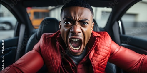 Angry black man expresses frustration while sitting in the back of a car. Concept Expression, Emotion, Frustration, Anger, Car Sitting