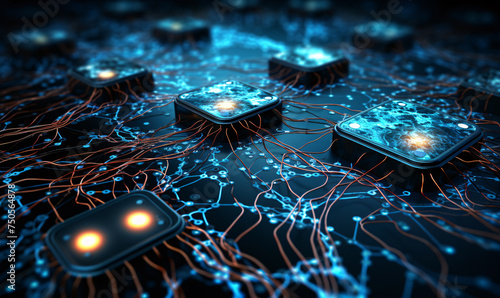 Artificial neuron in concept of artificial intelligence. Wall-shaped binary codes make transmission lines of pulses information.