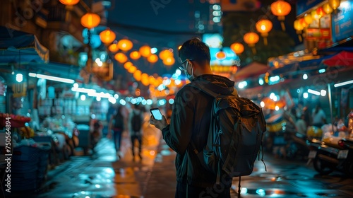 Tourist navigating through vibrant market filled with stalls and vibrant lights. Concept Travel, Tourism, Night Markets, Street Scenes, Exploration
