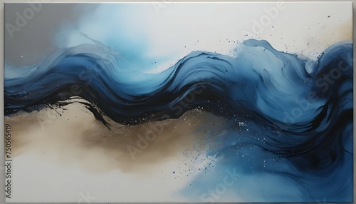 "Dive into a world of fluid ink and concrete wash, with a stunning ombre effect of blue and silver on a canvas background. Let the gradient of water and paint take you on a visual journey."