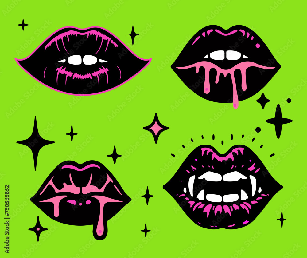 Set of black gothic vampire lips with fangs. Set of black gothic vampire lips with fangs.