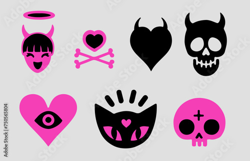 Set of cute girlish gothic ilustrations with hearts and skulls in black and pink for transfer tattoos and stickers.
