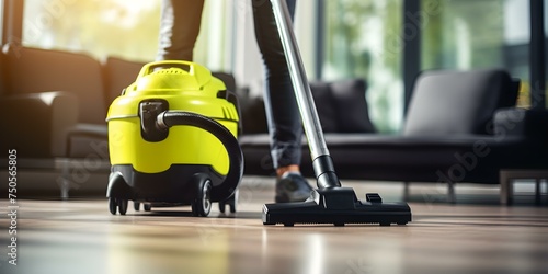 A professional female cleaner using a vacuum cleaner to tidy up a home. Concept Household cleaning, Maid service, Vacuum cleaning, Professional cleaner, Home maintenance photo