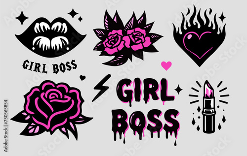Trendy gothic stickers with roses, hearts and other girlish tattoo style elements. Set of vector illustrations in black and pink colors.