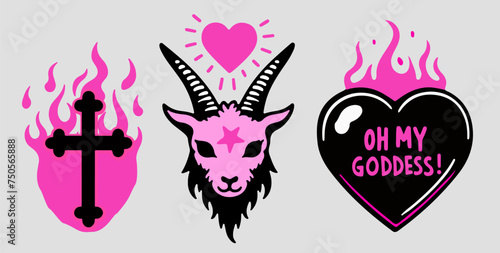 Set of dark gothic illustrations of a goat head, a cross and a heart in black and pink colors for transfer tattoos and stickers.