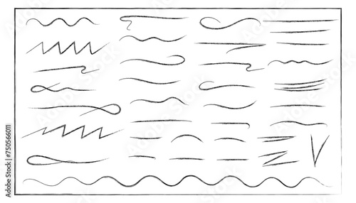 Grunge vector brushes, handwritten ink strokes. Set of handmade lines, brush underlines lines, underscores. A hand-drawn collection of various shapes in the doodle style.