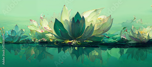 Watercolor like white water lily lotus flowers in the pond, subdued pastel green background colors.