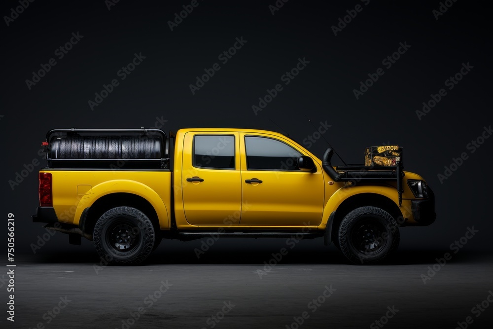 Side view mockup of yellow small truck for transportation delivery services and logistics	black background