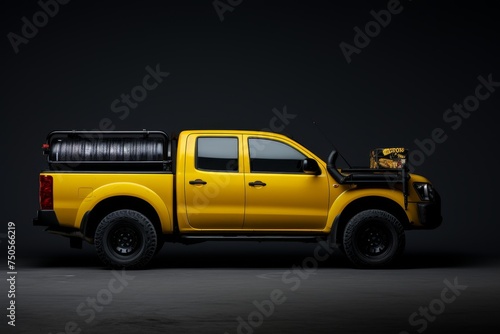 Side view mockup of yellow small truck for transportation delivery services and logistics black background