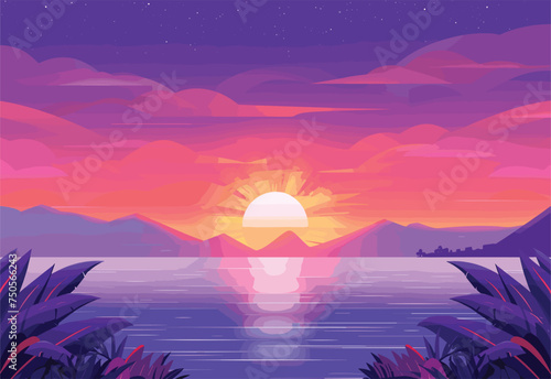 An azure sunset reflects over the tranquil water, with majestic mountains silhouetted in the background. The afterglow paints the sky with vibrant hues, creating a breathtaking natural landscape