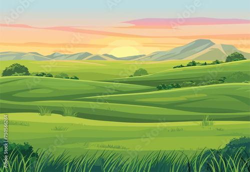 A beautiful painting of a serene green field with mountains in the background under a clear blue sky, capturing the essence of a natural landscape