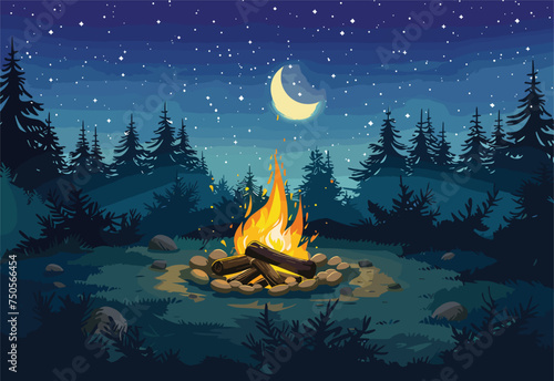 A campfire flickers in the forest under the crescent moon, casting shadows on the trees. The tranquil atmosphere is enhanced by the reflection of the moon on the water