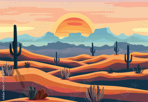A cartoon illustration of a desert landscape with cactus, mountains, and an orange sky at dusk. The ecoregion is filled with natural beauty and wood accents