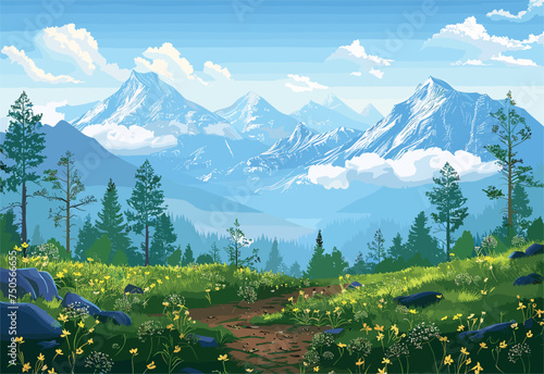 A beautiful natural landscape painting featuring snowcapped mountains in the background, surrounded by lush greenery and a clear blue sky with fluffy clouds