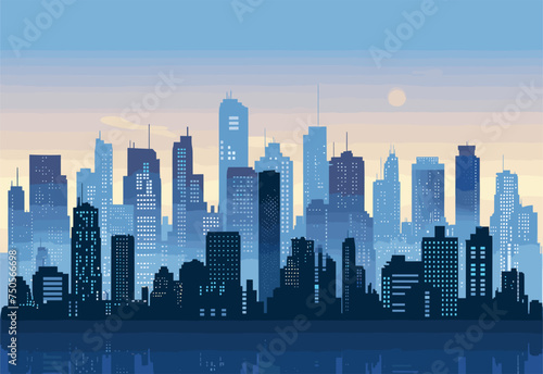 A city skyline silhouette at sunset  with skyscrapers and tower blocks forming a natural landscape against the colorful dusk sky. A bridge in the foreground adds to the urban design of the world