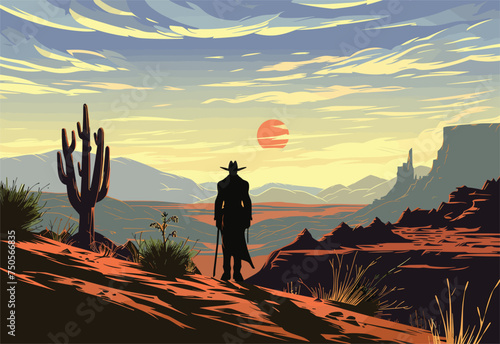 A man in a cowboy hat stands in the desert, gazing at the morning sun against the vast sky. Surrounding him are mountainous landforms and sparse plant life, creating a natural landscape of beauty