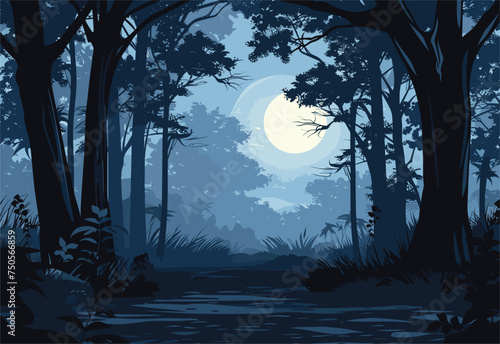 The full moon casts a mysterious glow through the trees in the dark forest, creating a captivating atmosphere in this natural landscape biome