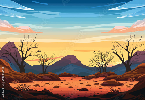 A cartoon illustration of a desert ecoregion with mountains in the background under a daytime sky. The natural landscape features plants, a body of water, and sunlight