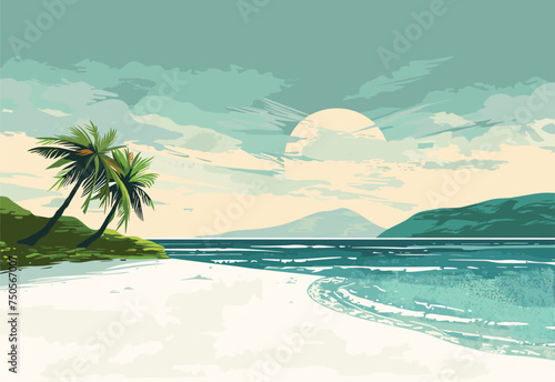 A beautiful painting of a beach with palm trees and mountains in the background, capturing the natural landscape with water, sky, and clouds