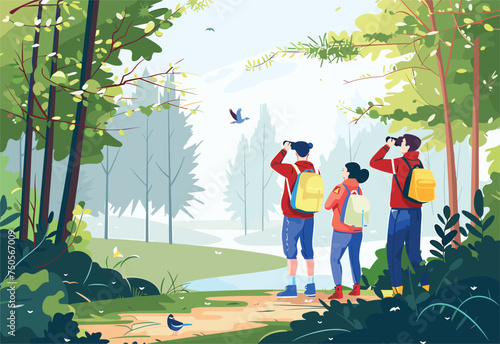 A group of people are leisurely observing birds in a natural landscape surrounded by trees, grass, and greenery. They are enjoying the serene event in the woods