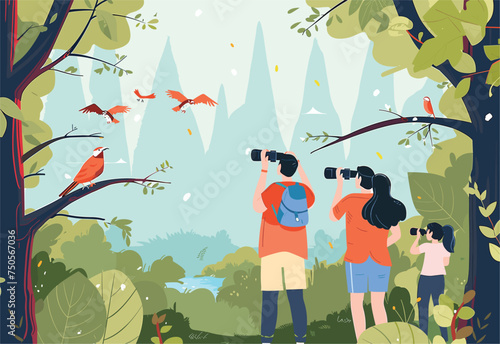 A man and a woman are admiring the birds through binoculars in the forest. The leaves of the trees are painted in vibrant colors, creating a beautiful natural artwork