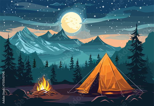 A cozy tent is illuminated by the flickering campfire in the mountains under the starry sky. The moonlight creates a picture frame of natural beauty © J.V.G. Ransika