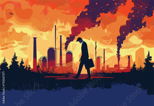 During the daytime, a man walks in front of a factory with smoke billowing out, creating a contrast against the orange sky and natural world