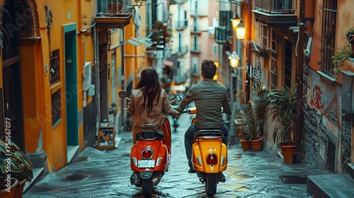 Fototapeta Naklejka Na Ścianę i Meble -  Explore Naples with a young couple on a vintage scooter. Concept Naples Sightseeing, Vintage Scooter, Young Couple, Outdoor Adventure, Travel Photography