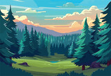 A picturesque cartoon illustration of a lush forest with trees and mountains in the background, under a blue sky with fluffy clouds. The natural landscape is beautifully depicted with art paint