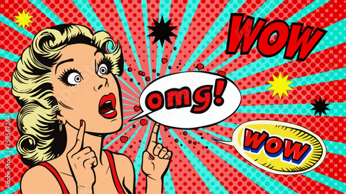 Expressive Pop Art Female Portraits with Urban Backdrop 1960s style,  pin up girl, bold lines and dots. Beautiful retro  woman poster. Omg, wow words.