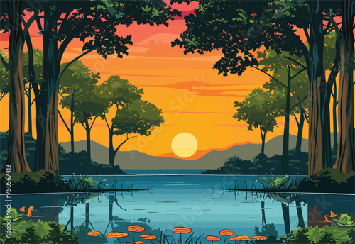 A natural landscape painting featuring a sunset over a serene lake, with trees and plants on the shore. The sky is filled with orange afterglow, reflecting on the water