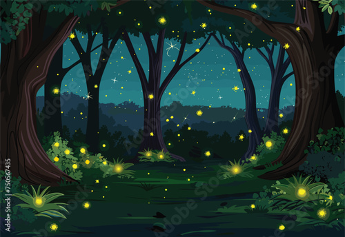 Luminous fireflies dance among the terrestrial plants and trees in the dark forest at midnight, creating a magical landscape reminiscent of a painting