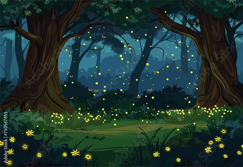 A charming cartoon illustration of a forest at night, with fireflies flying through the trees, creating a magical and enchanting natural landscape
