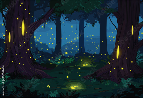A CG artwork depicting a natural landscape of a dark forest at midnight, with electric blue fireflies flying around the trees, creating a magical and enchanting scene