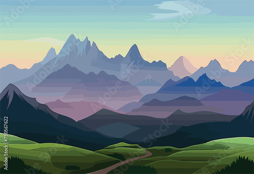 A cartoon illustration of a mountain landscape with a road meandering through a picturesque ecoregion. The sky is clear with fluffy clouds, sunlight shining on the highland grass and plants