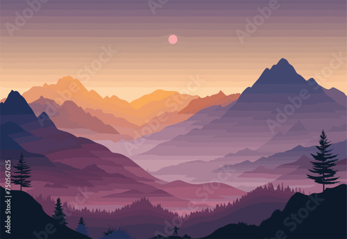 A stunning painting capturing the afterglow of the sunset over a mountain range, with trees in the foreground and a colorful sky filled with clouds