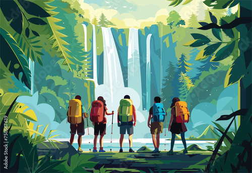 A group of hikers with backpacks are enjoying the sight of a waterfall in a natural landscape surrounded by lush greenery and sunlight