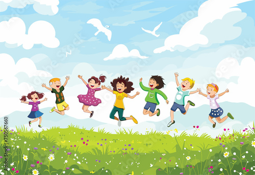 A group of happy children are jumping in the air under a bright azure sky, surrounded by lush green plants in a natural landscape