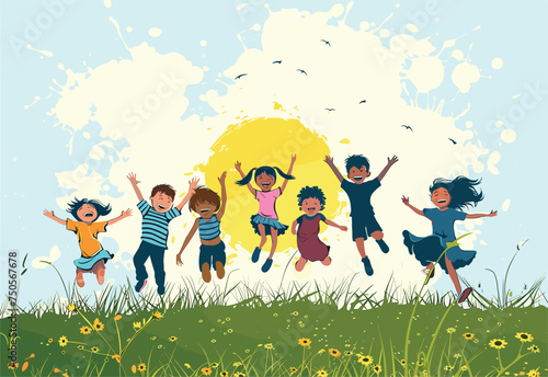 A group of children are happily jumping in the air on a grassland field surrounded by natural landscape in a rural area