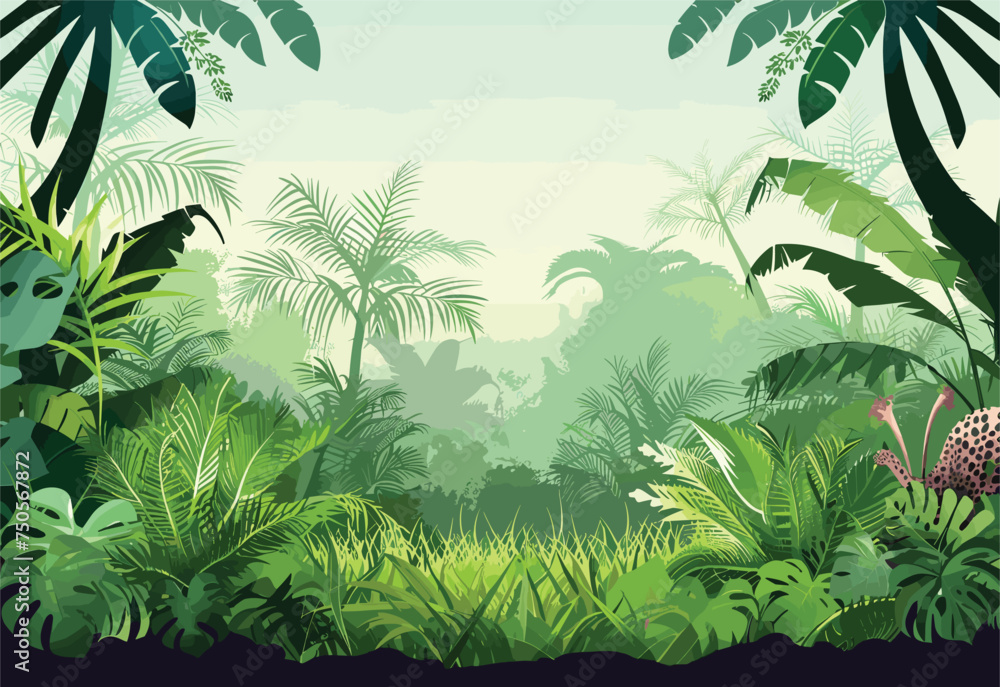 A lush tropical forest filled with palm trees, an abundance of plants, and a variety of terrestrial plants. The landscape is a beautiful natural mix of grass, trees, and sky