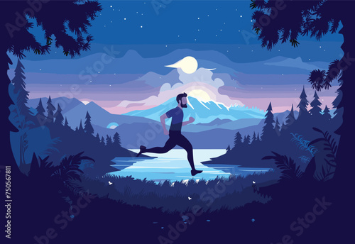 A man is sprinting through the forest under the night sky near a shimmering lake, surrounded by towering trees and mountainous landforms