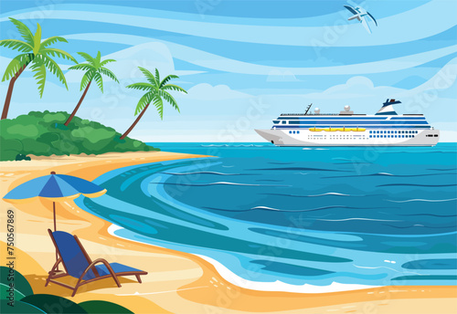 A watercraft cruises on the azure waters near a coastal landform, with the sky dotted with fluffy clouds above and lush plants on the beach